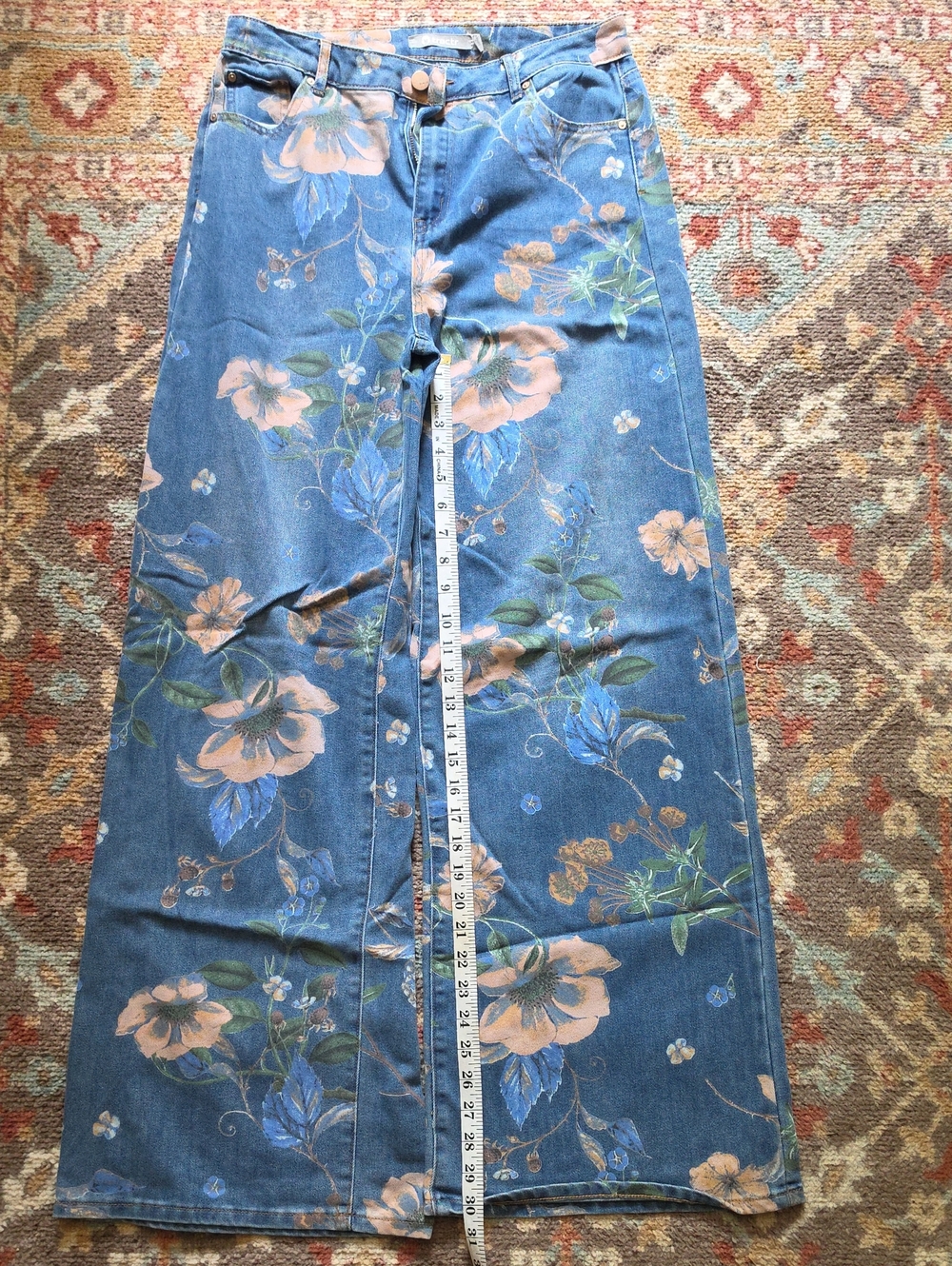Tractr Womens Blue Floral Wide-Leg Jeans with Peach Accents 2/28 Womens 2